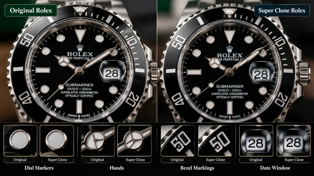 Luxury watch dial and bezel finishing details