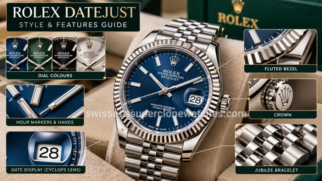 Datejust watch dial markers hands bezel and bracelet design details