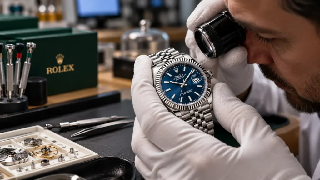 Watchmaker inspecting a Datejust-style watch for authenticity